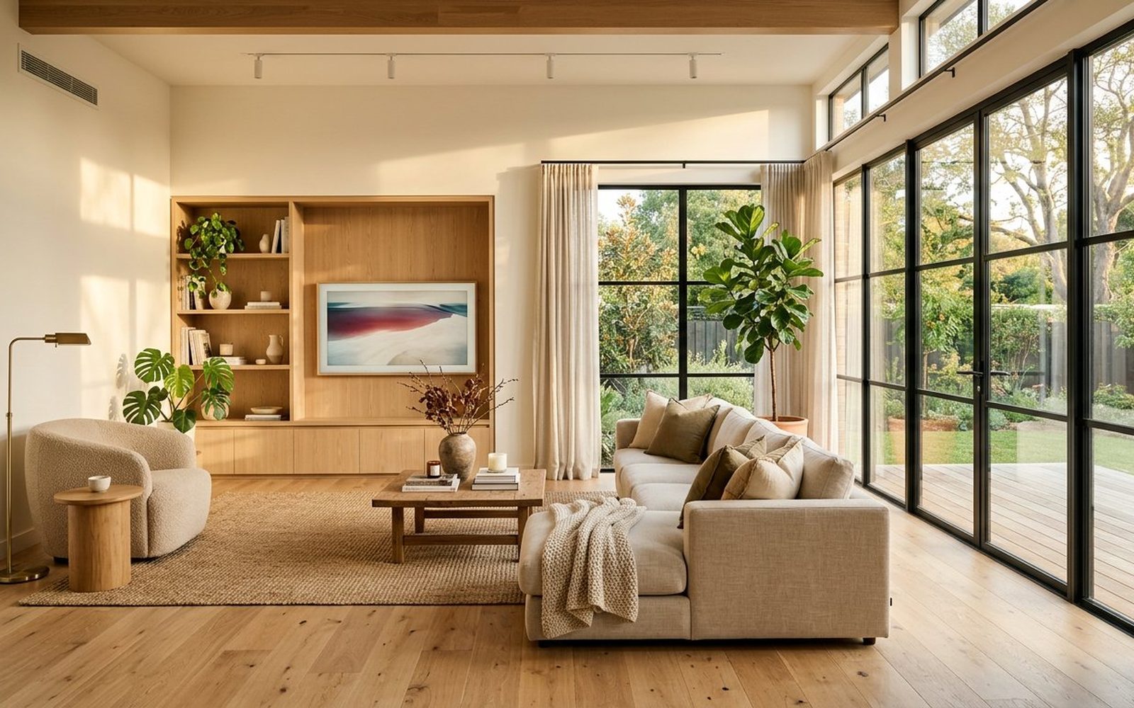 A bright, freshly renovated living room with warm timber floors and soft neutral furnishings