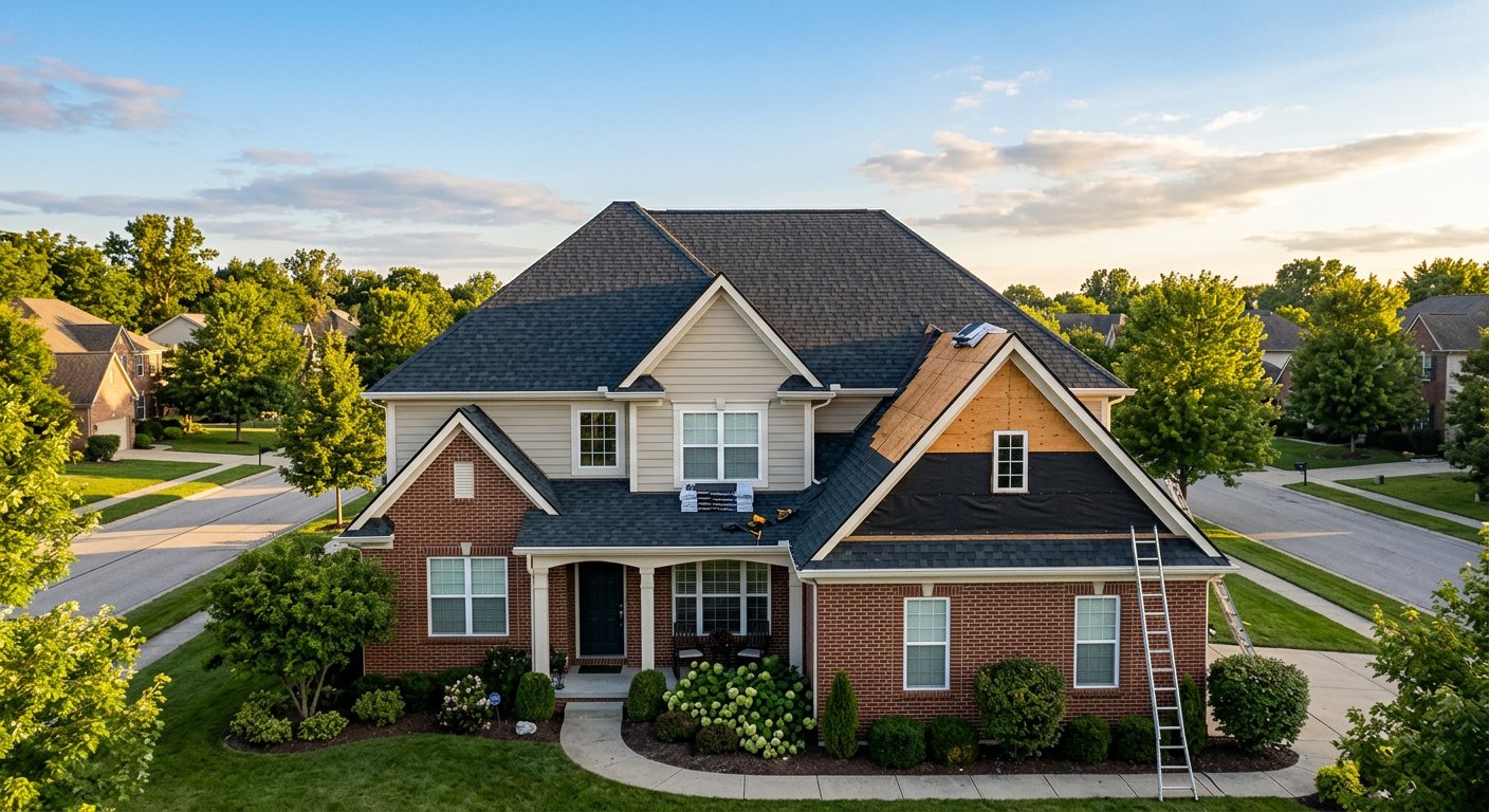 New dark architectural shingles being installed on a suburban house roof