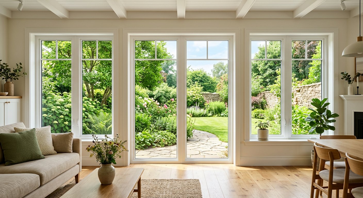 Newly installed white energy-efficient replacement windows with a garden view
